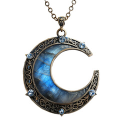 Vintage crescent moon pendant with blue gemstones mystical jewelry transparent background