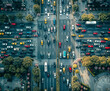 © Dudarte - Vista aérea panorâmica de uma metrópole agitada durante a hora do rush, com ruas congestionadas e pedestres apressados. imagem sobre urbanismo, mobilidade urbana, planejamento urbano