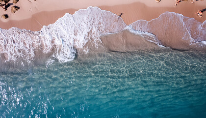 empty abstract sand beach with palm leaf shadow and transparent water wave from above, blank background banner for travel, vacation and wellbeing with copy space. top of views, aerial views.