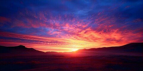 Wall Mural - Desert sunset paints sky in crimson and orange casting surreal glow. Concept Sunset Beauty, Desert Landscape, Vibrant Colors