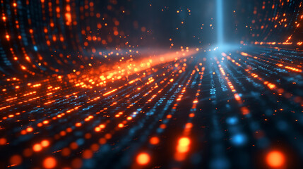 Abstract digital binary data and technology pattern with glowing blue and orange lights