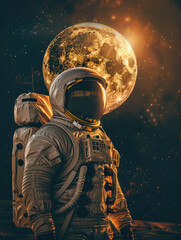 astronaut on the moon - a lone astronaut in a white spacesuit stands against a backdrop of a golden 