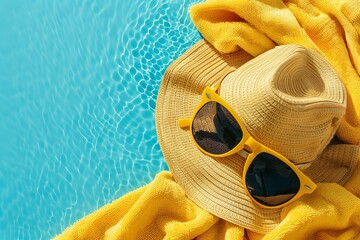 Vibrant summer beach essentials  yellow towel, sunglasses, and hat on sunny matching background