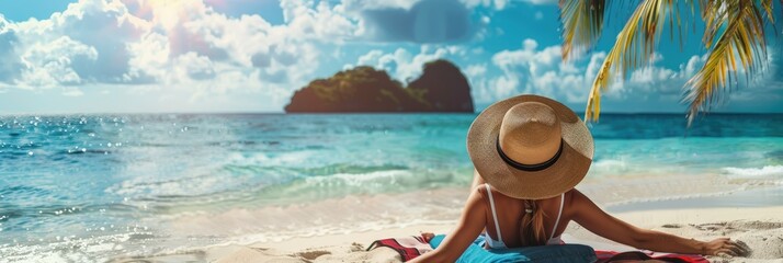 Wall Mural - Tropical Paradise Beach Relaxation - A woman in a hat relaxes on a white sand beach with a view of a tropical ocean and a palm tree, creating a serene and tranquil atmosphere.