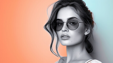 Wall Mural - Black and White Portrait Beautiful Woman Wearing Sunglasses Orange and Blue Studio Background Fashion Model with Trendy Hairstyle and Makeup Looking at Camera Headshot