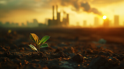 Small green plant seedling growing in the midst of factory pollution in background, ecology and environment awareness, copy space