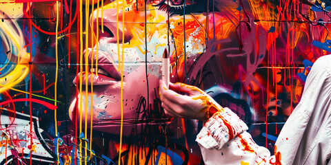 Wall Mural - Artist Using Spray Paint Cans Creating Colorful Abstract Graffiti Street Art Mural On Wall Close Up Detail