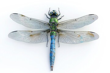 Wall Mural - A single green dragonfly perched on a smooth white surface, ready to take flight