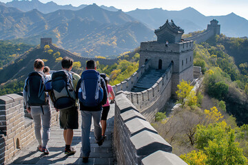 A group of people are walking up a stone wall towards a large building