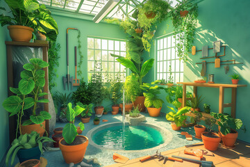 A green room with a small pool and many plants