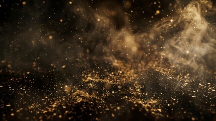 Dust and wood chips scattered against a black background, with dirt particles floating in the air. 