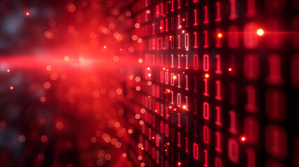 Abstract red digital background with glowing binary code matrix in a futuristic technology design