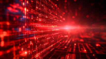 Abstract futuristic matrix with digital data code and glowing red cyber technology network