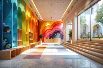 Wall Mural - A colorful room with a rainbow mural on the wall