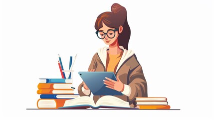 a teacher using a tablet for lessons, digital education, photorealistic, isolated on white background