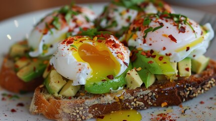 Wall Mural - A_closeup_shot_of_avocado_toast_topped_with_poached_eggs