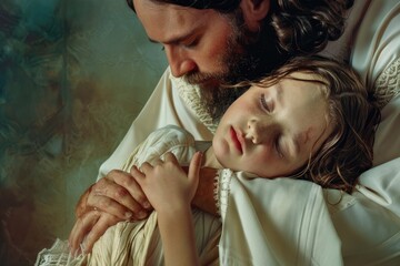 Wall Mural - A man holds a young girl snugly wrapped in a blanket, providing warmth and comfort