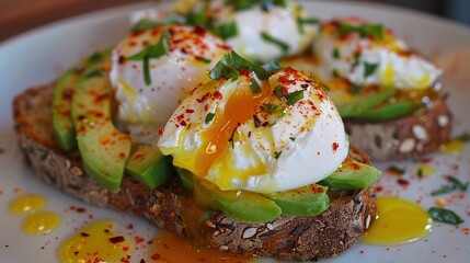 Wall Mural - A_closeup_shot_of_avocado_toast_topped_with_poached_eggs