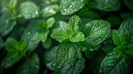 Wall Mural - fresh green mint leaves with visible water droplets on them. The leaves are densely packed, displaying a vibrant green color and intricate vein patterns