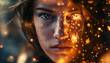 © Steven - A close-up portrait of a woman with intense eyes and glowing light particles on her face creating a captivating and magical look