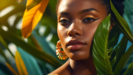 Wall Mural - Beautiful African American girl, tropical leaves wellness