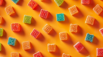 Bright gummy candies show many colors in a fun pattern. They're on a bright orange background. There are different sizes and colors of gummy candies.