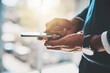 © peopleimages.com - Business, man and typing on smartphone or hands, email and social networking with virtual clients on message app. Online conversation, office and internet browsing, company website and communication