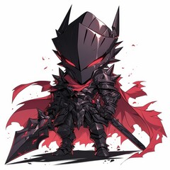 Wall Mural - cute chibi knight in black armor and red cape holding a large sword