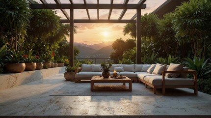 Luxury terrace in exotics, minimalist vintage style