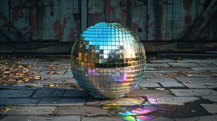 Canvas Print - A shiny disco ball sits on the ground, ready to be used for decoration or as a prop