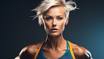 Wall Mural - portrait of a blonde woman runner with short hair wearing a top on black background	