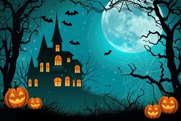 Wall Mural - background with mansion, pumpkins, bats, cobwebs