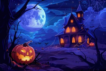 Wall Mural - background with mansion, pumpkins, bats, cobwebs