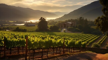 Wall Mural - panoramic view of vineyard at sunset with mountain in background