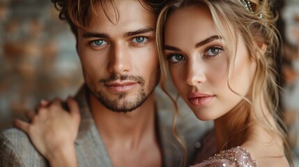 A stylish couple poses elegantly against a subtle background, exuding an aura of beauty and connection, highlighting their harmonious relationship.