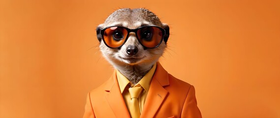 Wall Mural - Meerkat in sunglasses in an orange jacket on an orange background, place for text, empty space