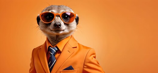 Wall Mural - Meerkat in sunglasses in an orange jacket on an orange background, place for text, empty space