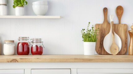 Jars of homemade jam and spices on a wooden kitchen counter with cutting boards and potted herbs. Modern kitchen decor concept.