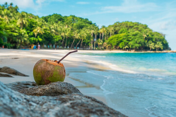 Canvas Print - Coconut water drink with a straw on a rock by a tropical beach with turquoise water and palm trees in Phuket island, Thailand. Refreshment summer drink