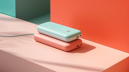 A sleek, brightly colored travel charger on a minimalist surface