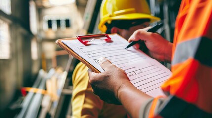 Close up shot of the person's hands holding a minimalist checklist with bright safety gear