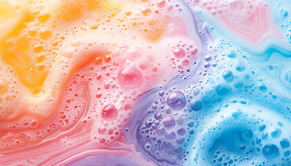 Colorful foam after dissolving bath bomb in water, closeup. Banner design