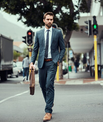 Sticker - Business man, briefcase and crosswalk on street in city by traffic light, safety and sign for direction to work. Person, suit and leather bag in metro on commute, walking and trip to job in Seattle