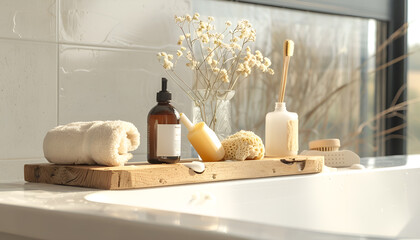 Poster - Wooden board with spa products on bath tub in bathroom