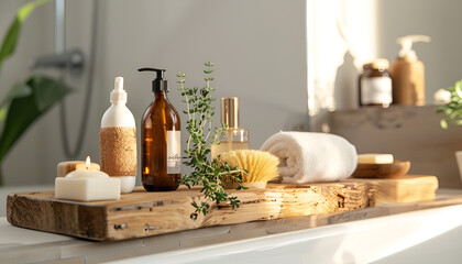 Poster - Wooden board with spa products on bath tub in bathroom