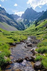 Sticker - A serene scene of a river flowing through a lush green valley, perfect for use in environmental or travel articles