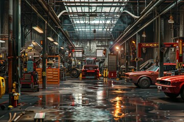 Industrial Automotive Repair Shop with Classic Cars, Tools, and Mechanics at Work for Garage Services