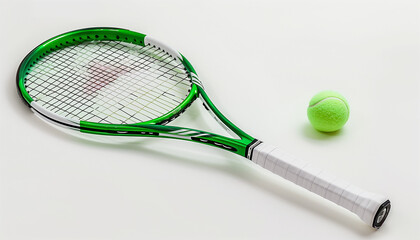 Green and white tennis racket with a green tennis ball, placed on a plain white background, ready for a game