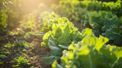 Wall Mural - Organic Farm Rows of Leafy Vegetables Under Natural Sunlight for a Vibrant and Healthy Crop