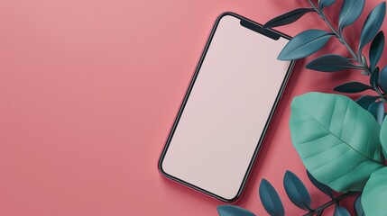 Wall Mural - a phone with a blank screen next to a plant on a pink background with copy space for text